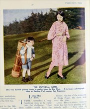 Japanese woman and son playing golf, American, February 1934. Artist: Unknown