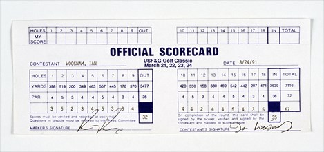 Scorecard signed by Ian Woosnam, USF and G Golf Classic, 1991.  Artist: Woosnam, Ian