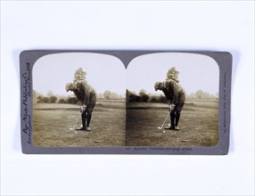 Stereoscopic card showing Harry Vardon pitching his ball over his opponent's, c1900. Artist: Unknown