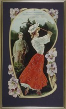 Lady golfer playing a shot, watched by her caddy, c1910. Artist: Unknown