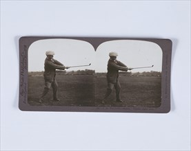 Stereoscopic card of JH Taylor playing a shot, c1920. Artist: Unknown