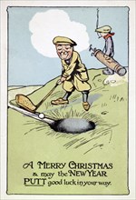 Christmas card with golfing theme, British, 1913. Artist: Unknown