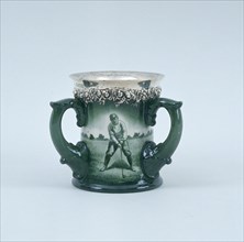 Lenox hand-painted three-handled toasting mug with silver rim, c1902. Artist: Unknown