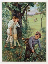 Couple kissing by a tree while young caddy looks for ball, c1930s. Artist: Unknown