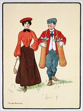 Golfing scene, woman walking with caddy, c1920s. Artist: Unknown