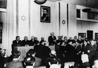 David Ben Gurion (1886-1973) proclaims the independent Jewish state, 1948. Artist: Unknown