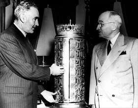 Ambassador Elath makes presentation to President Harry Truman. Artist: Unknown