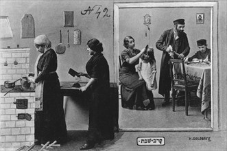 Jewish family preparing for Shabbas, Poland, early 20th century. Artist: Unknown