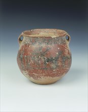 Ochre red slipped pottery jar with deer and archer, Karuo culture, China, c2300-c1800 BC. Artist: Unknown
