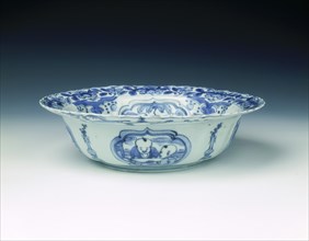 Kraak blue and white klapmuts bowl with pagoda and seascape, late Ming dynasty, China, c1610. Artist: Unknown