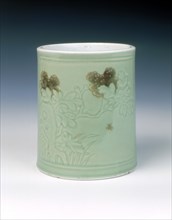 Celadon brushpot with underglaze red floral decoration, Qing dynasty, China, 1662-1722. Artist: Unknown