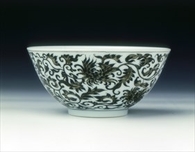 Bowls with floral patterns in grisaille enamels, Yongzheng period, Qing dynasty, China, 1723-1735. Artist: Unknown