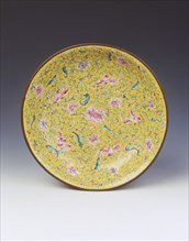 Canton enamel saucer with bats amid foliage, Qing dynasty, China, 18th century. Artist: Unknown