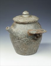 Steatite ewer and cover with cabbage-like foliage in low relief, Late Tang dynasty, 9th century. Artist: Unknown