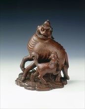 Bamboo carving of a fabulous animal and young, China, 1710-1735. Artist: Unknown