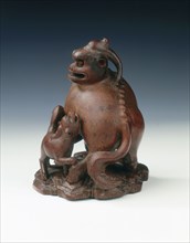 Bamboo carving of a fabulous animal and young, China, 1710-1735. Artist: Unknown