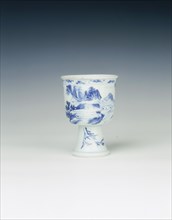 Blue and white stemcup with mountain landscape, China, 1662-1677. Artist: Unknown