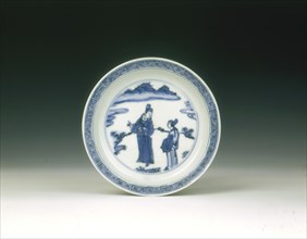 Blue and white saucer with figures in a landscape, China, 1572-1620. Artist: Unknown