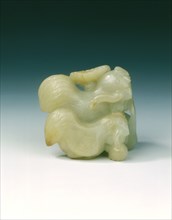 Pair of jade chickens with floral sprays in their mouths, early Ming dynasty, China, 1368-1499. Artist: Unknown