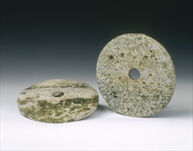 Pair of green stone discs, Neolithic, China, 3400-2250 BC. Artist: Unknown