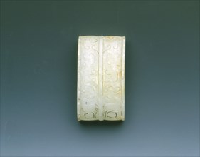 Jade sword scabbard fitting with taotie, Western Han dynasty, China, 206 BC-8. Artist: Unknown