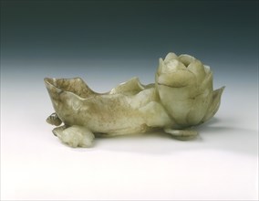 Jade lotus brushwasher with frog, duck and snail, late Ming dynasty, China, 1550-1644. Artist: Unknown