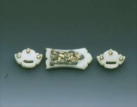 Gilt-bronze mounted group of three jade belt fittings, Liao dynasty or earlier, China, c907-1125. Artist: Unknown