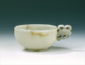 Circular jade cup with lingzhi handle, Jin or Yuan dynasty, China, 1125-1368. Artist: Unknown