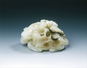 Jade group of two whitish dog-like animals, Ming dynasty, China, probably 16th century. Artist: Unknown
