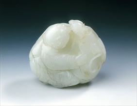 Jade boy with gourd backed by plantain leaf, late Ming dynasty, China, 1550-1644. Artist: Unknown
