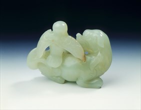 Jade mythological animal with an eagle perched on its back, Ming dynasty, China, 1368-1644. Artist: Unknown