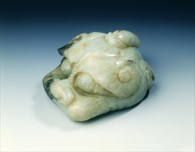 Jade one-horned monster head scroll weight, Yuan or Ming dynasty, China, 13th-16th century. Artist: Unknown