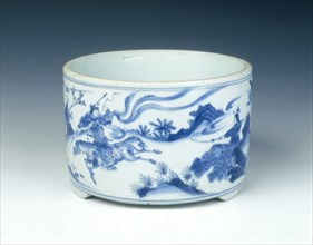 Blue and white incense burner with warriors, Ming dynasty, China, c1630-1644. Artist: Unknown