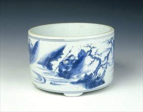 Blue and white incense burner with warriors, Ming dynasty, China, c1630-1644. Artist: Unknown