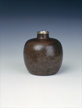 Globular stoneware jar with red oil spot glaze, Song dynasty, China, 13th century. Artist: Unknown
