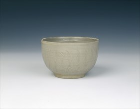 Grey-green glazed bowl with hatched decoration, Yuan dynasty, China, 1279-1368. Artist: Unknown