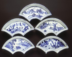 Five ko-sometsuke fan-shaped landscape dishes, China, 1600-1644. Artist: Unknown