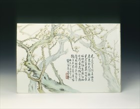Porcelain plaque with prunus, China, 1934. Artist: Unknown