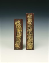 Pair of gilt pewter scroll weights, Late Ming dynasty, China, 17th century. Artist: Unknown