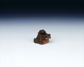 Boxwood netsuke of toad with young, signed by Masanao, Japan, early 19th century. Artist: Masanao