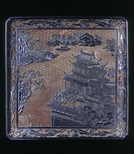 Red and black carved square lacquer tray with landscape, Qing dynasty, China, 17th-18th century. Artist: Unknown