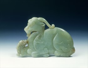 Jade mythical animal and young plaque, Yuan or early Ming dynasty, China, 14th-15th century. Artist: Unknown