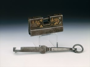 Iron lock and key with incised and gilded floral decoration, Tibet, 18th century or earlier. Artist: Unknown