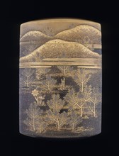 Makie lacquer inro decorated with stylised pine trees and hills, late Edo period, Japan, 1750-1850. Artist: Unknown
