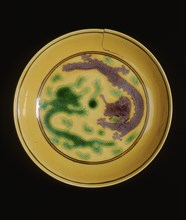 Green and aubergine dragon saucer, Xuantong period, late Qing dynasty, China, 1908-1924. Artist: Unknown