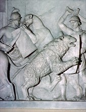 Roman relief of gladiators fighting wild beasts. Artist: Unknown