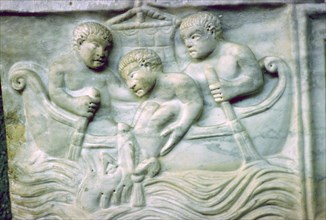 Early Christian depiction of Jonah and the Whale on a sarcophagus, 4th century. Artist: Unknown