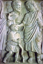 Depiction of Jesus healing a blind man on an early Christian sarcophagus, 4th Century. Artist: Unknown