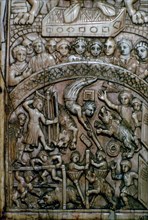 Detail of a leaf of a Byzantine ivory diptych showing men and bears at the circus.