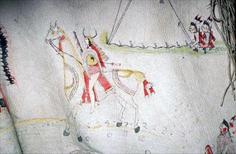 North American Indian decorated skin, showing a horse and rider, from the Arapaho tribe.